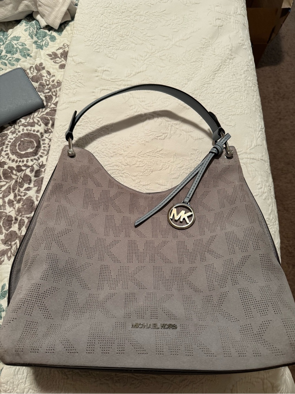 Michael Kors Light Blue Perforated MK Logo Shoulder Hobo